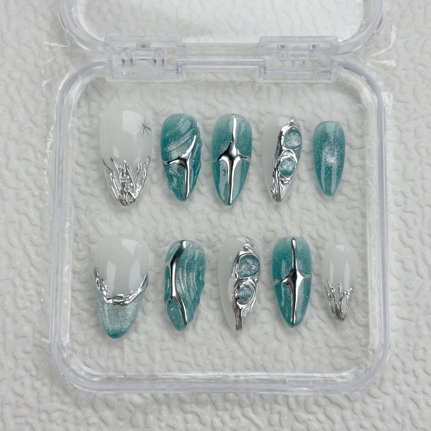 Glacier Edge | Handmade Press-On Nails | Style No. A035 | Teal Chrome Texture, Molten Silver Accents, Reusable Futuristic Nail Set