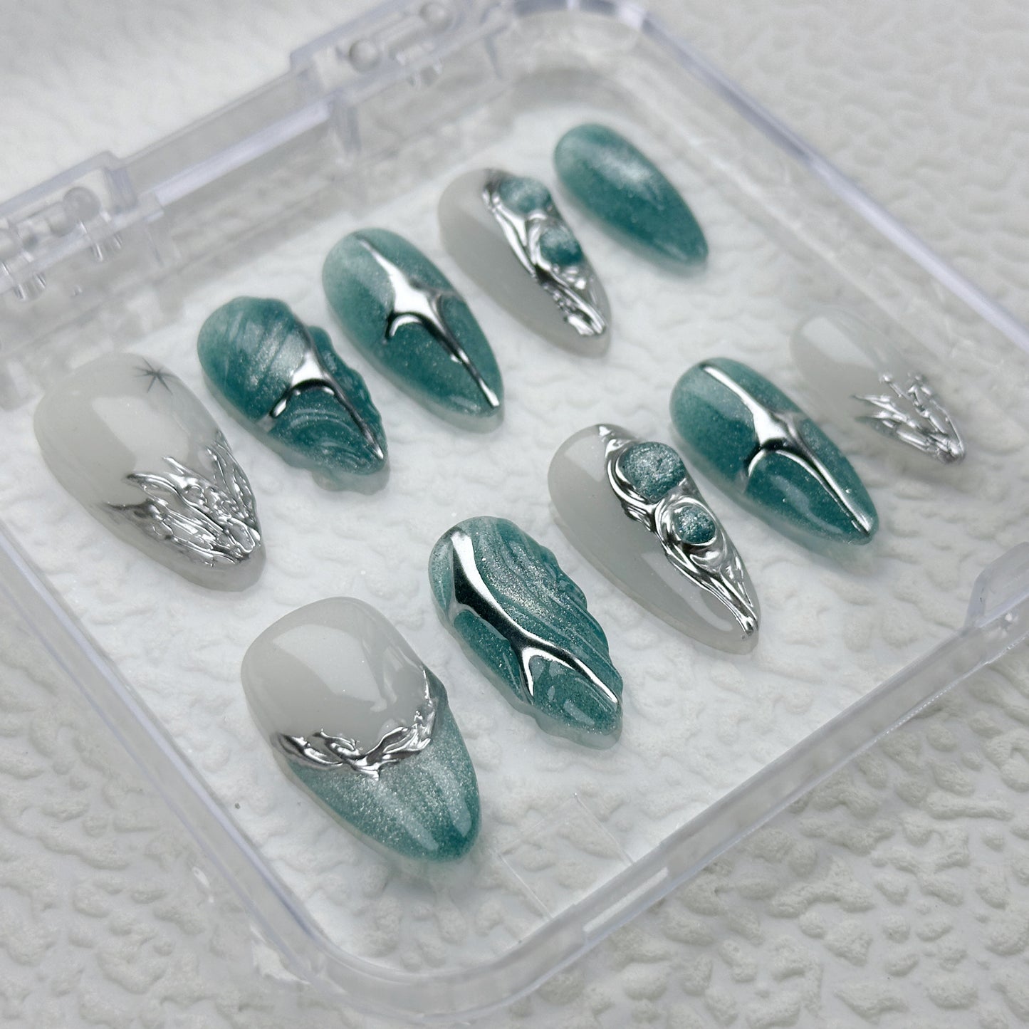 Glacier Edge | Handmade Press-On Nails | Style No. A035 | Teal Chrome Texture, Molten Silver Accents, Reusable Futuristic Nail Set