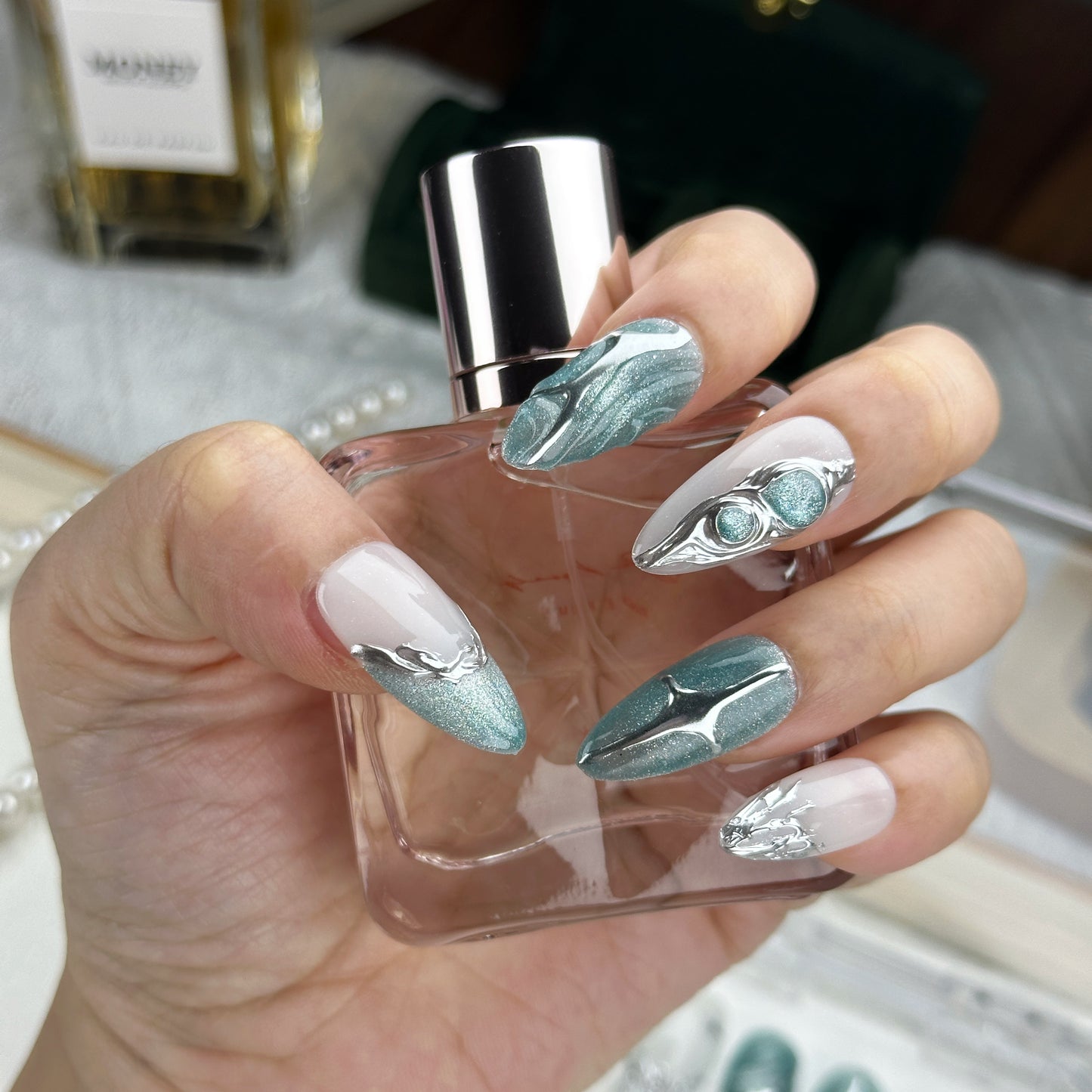 Glacier Edge | Handmade Press-On Nails | Style No. A035 | Teal Chrome Texture, Molten Silver Accents, Reusable Futuristic Nail Set