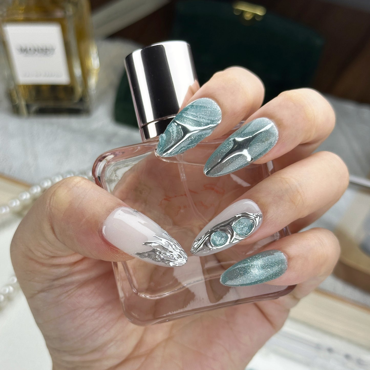 Glacier Edge | Handmade Press-On Nails | Style No. A035 | Teal Chrome Texture, Molten Silver Accents, Reusable Futuristic Nail Set
