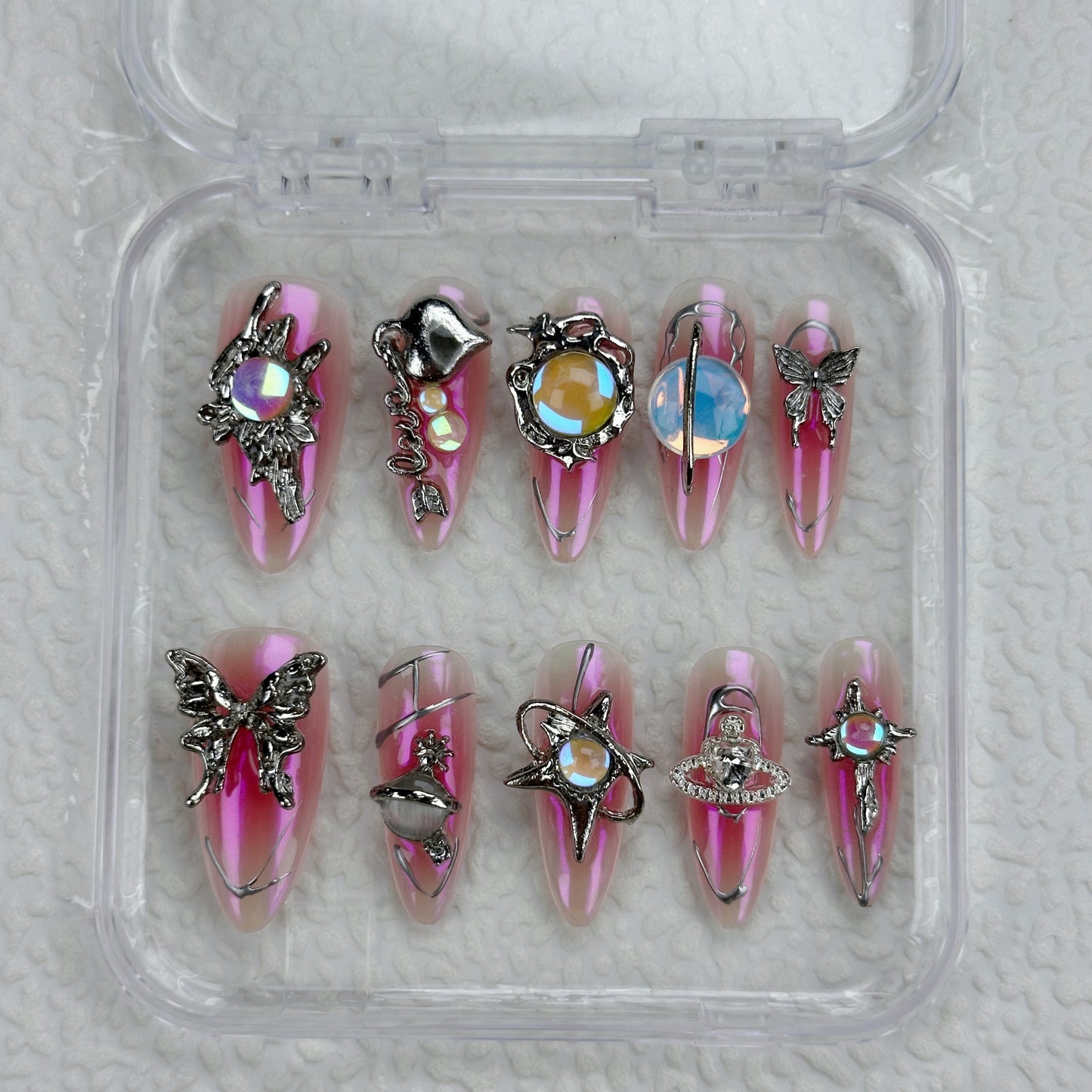 Galaxy Charm | Handmade Press-On Nails | Style No. A036 | Pink Chrome Base, 3D Butterfly & Planet Charms, Reusable Fantasy Nail Set