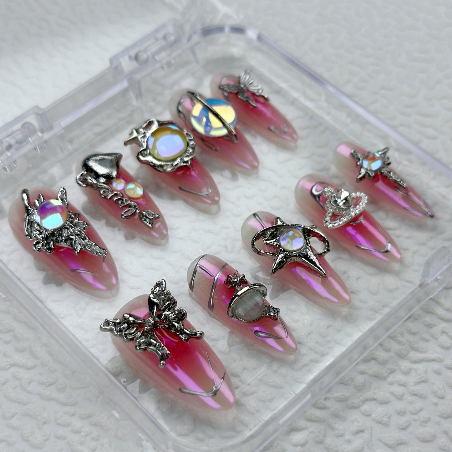 Galaxy Charm | Handmade Press-On Nails | Style No. A036 | Pink Chrome Base, 3D Butterfly & Planet Charms, Reusable Fantasy Nail Set