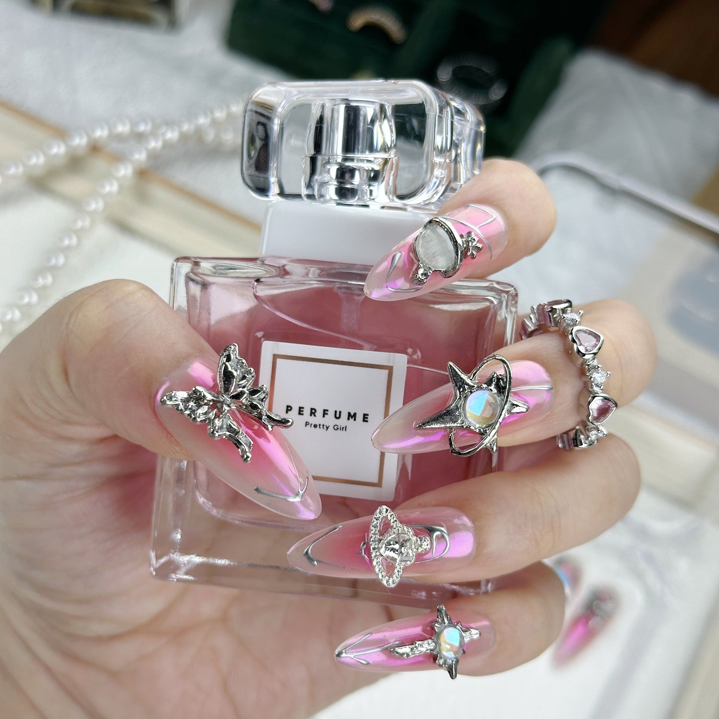 Galaxy Charm | Handmade Press-On Nails | Style No. A036 | Pink Chrome Base, 3D Butterfly & Planet Charms, Reusable Fantasy Nail Set