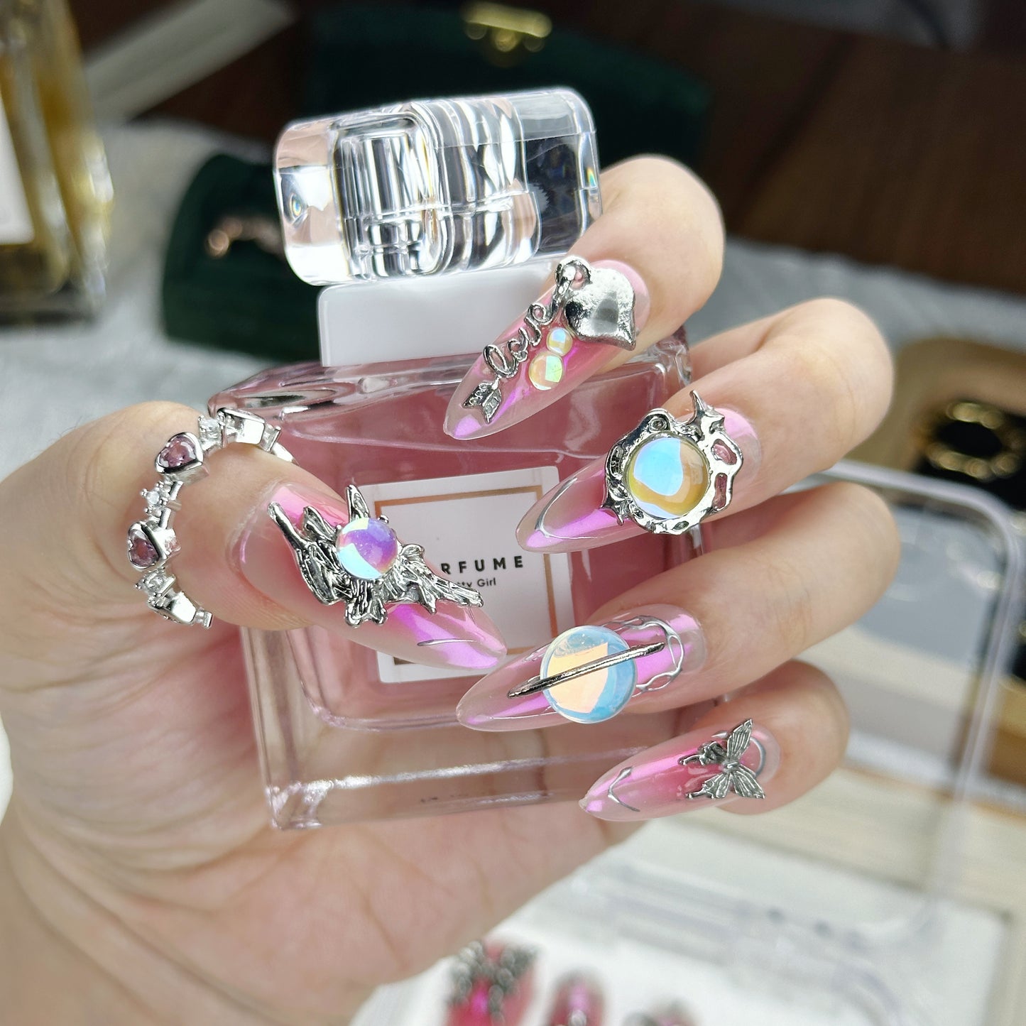 Galaxy Charm | Handmade Press-On Nails | Style No. A036 | Pink Chrome Base, 3D Butterfly & Planet Charms, Reusable Fantasy Nail Set
