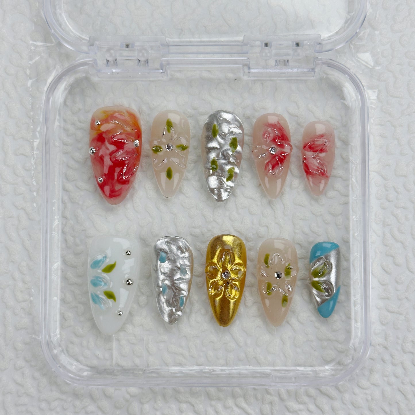 Molten Garden | Handmade Press-On Nails | Style No. G017| Mixed Metal Texture, Abstract Floral Design, Reusable Artistic Nail Set