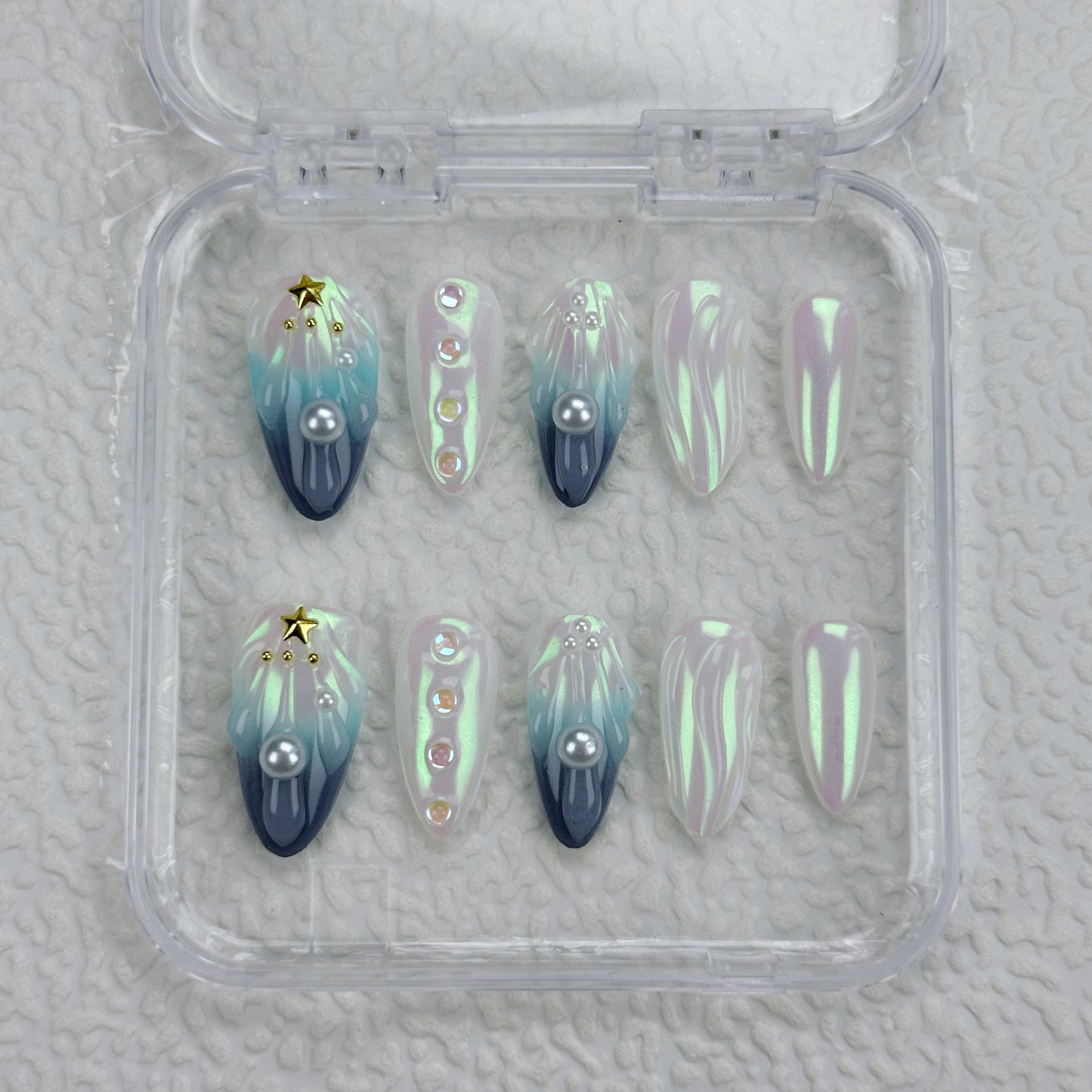 Ocean Aurora | Handmade Press-On Nails | Style No. G003 | Iridescent Shell Finish, Pearl & Star Accents, Reusable Mermaid-Inspired Nail Set
