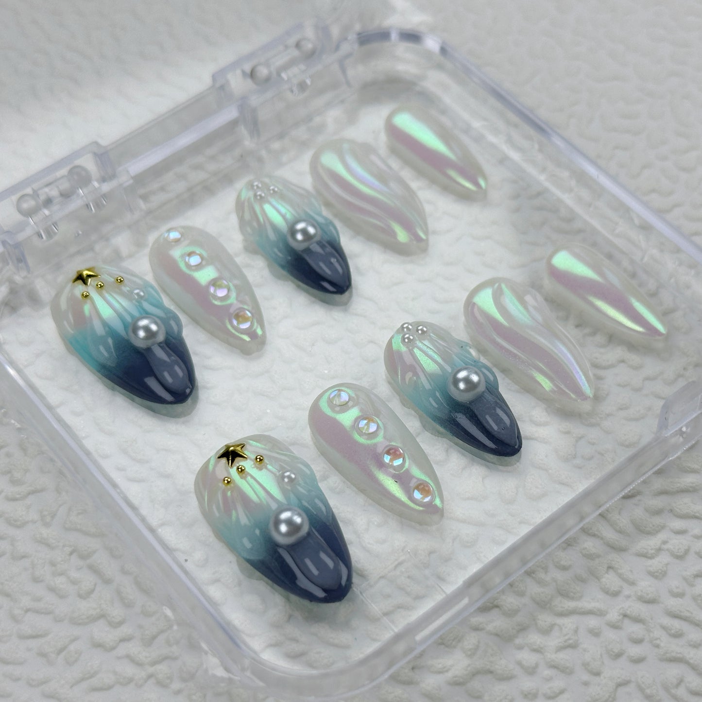 Ocean Aurora | Handmade Press-On Nails | Style No. G003 | Iridescent Shell Finish, Pearl & Star Accents, Reusable Mermaid-Inspired Nail Set
