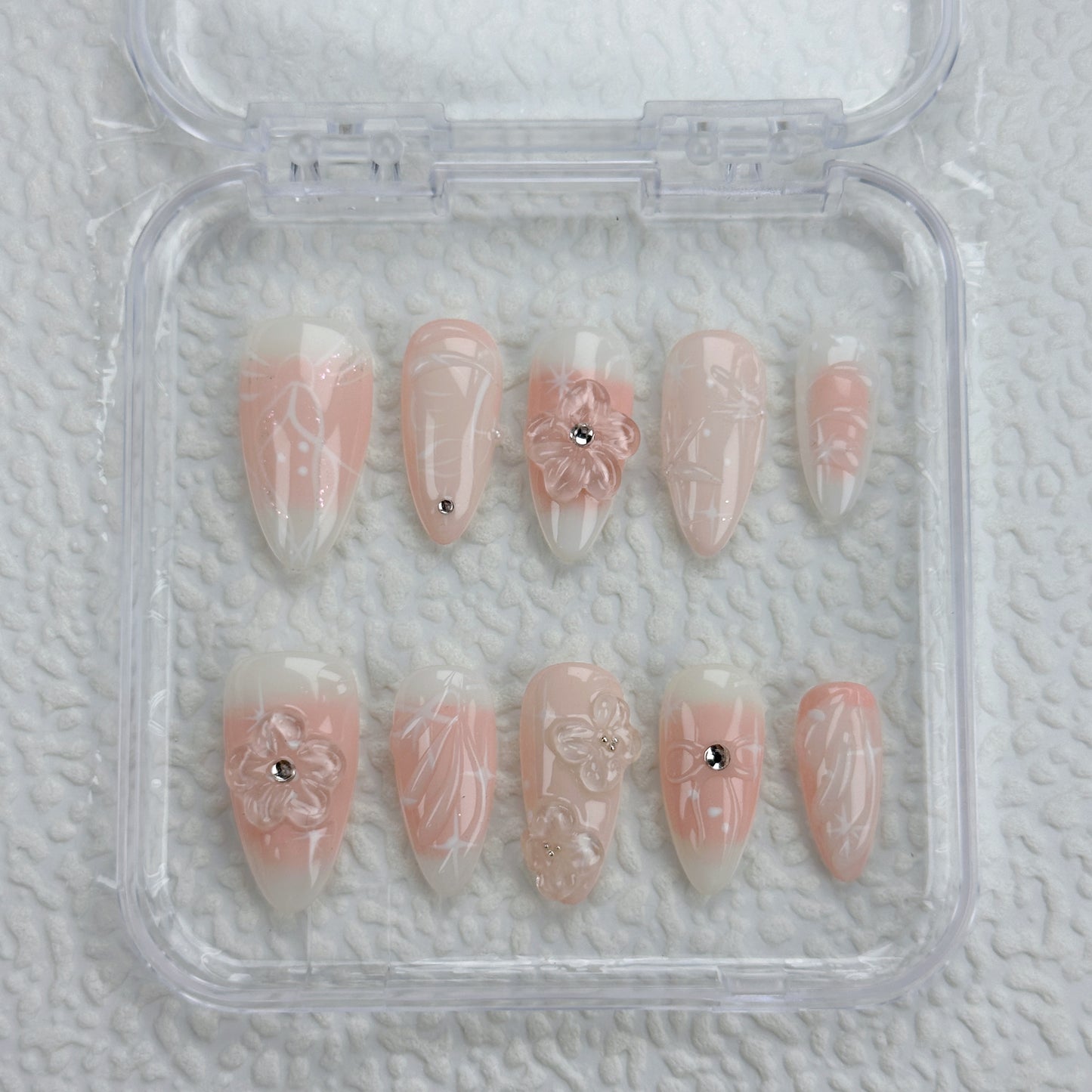 Blush Petals | Handmade Press-On Nails | Style No. G026 | Nude French Base, 3D Floral Carving, Reusable Elegant Nail Set