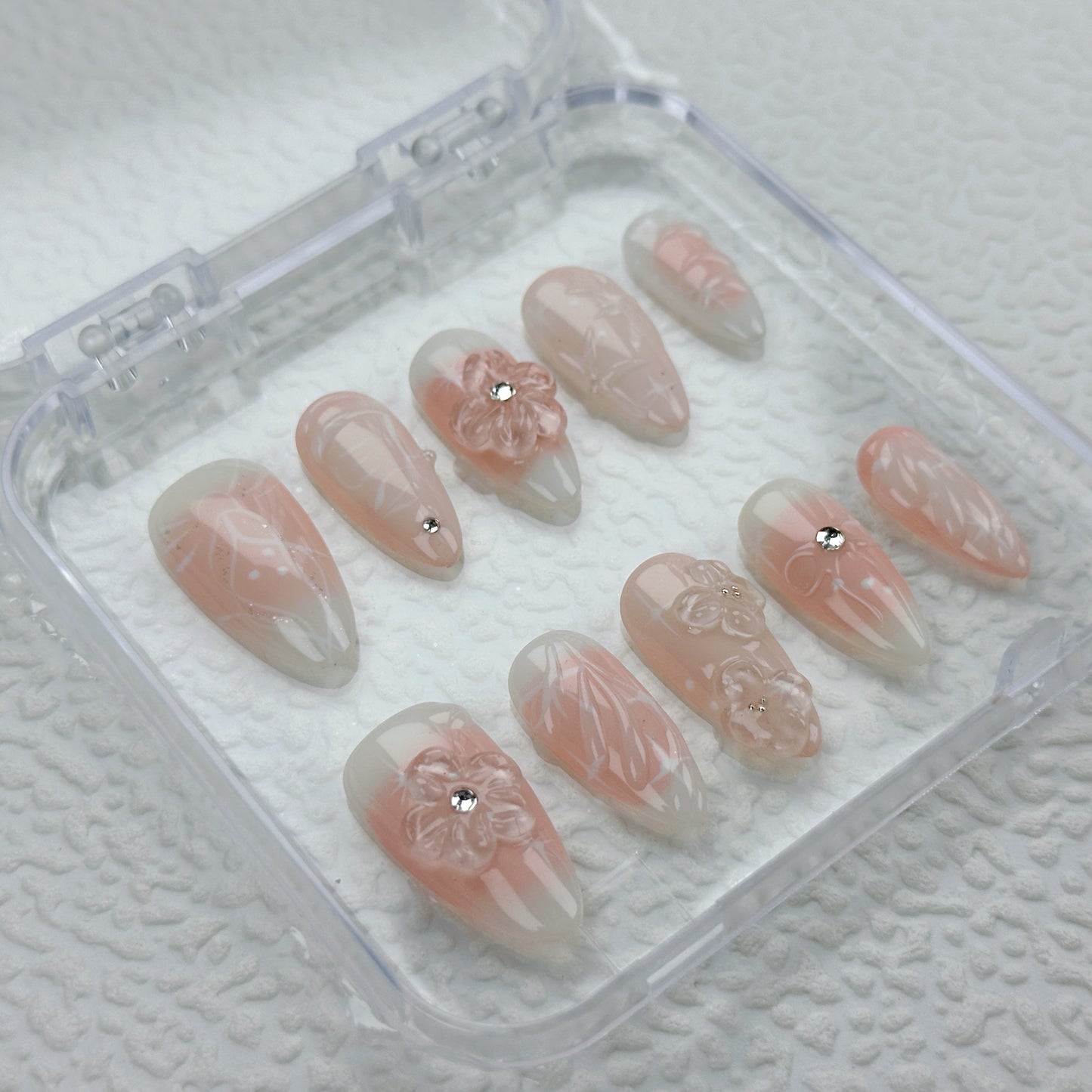 Blush Petals | Handmade Press-On Nails | Style No. G026 | Nude French Base, 3D Floral Carving, Reusable Elegant Nail Set