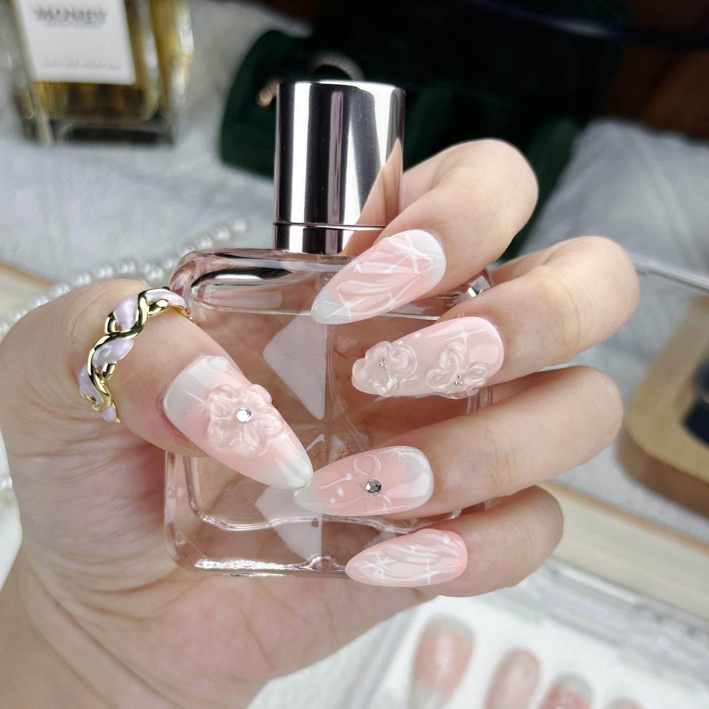 Blush Petals | Handmade Press-On Nails | Style No. G026 | Nude French Base, 3D Floral Carving, Reusable Elegant Nail Set