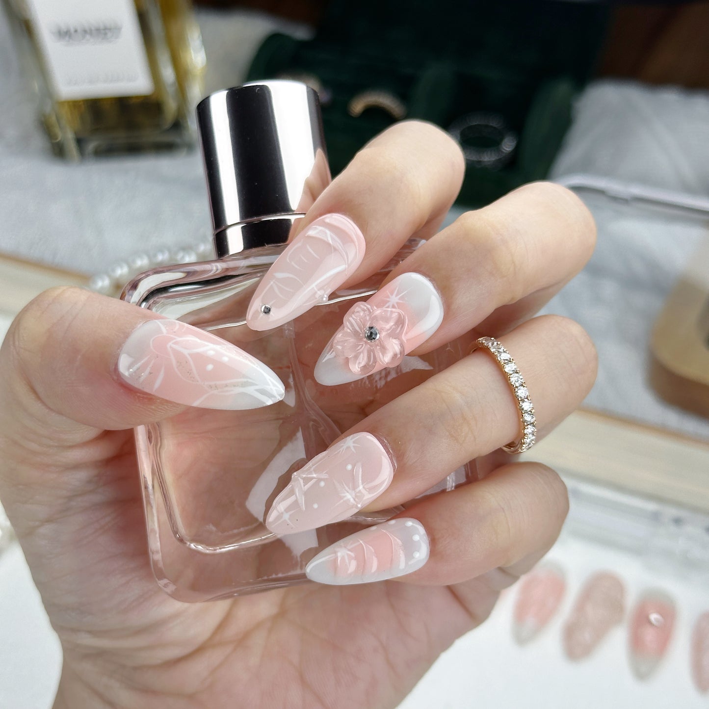 Blush Petals | Handmade Press-On Nails | Style No. G026 | Nude French Base, 3D Floral Carving, Reusable Elegant Nail Set