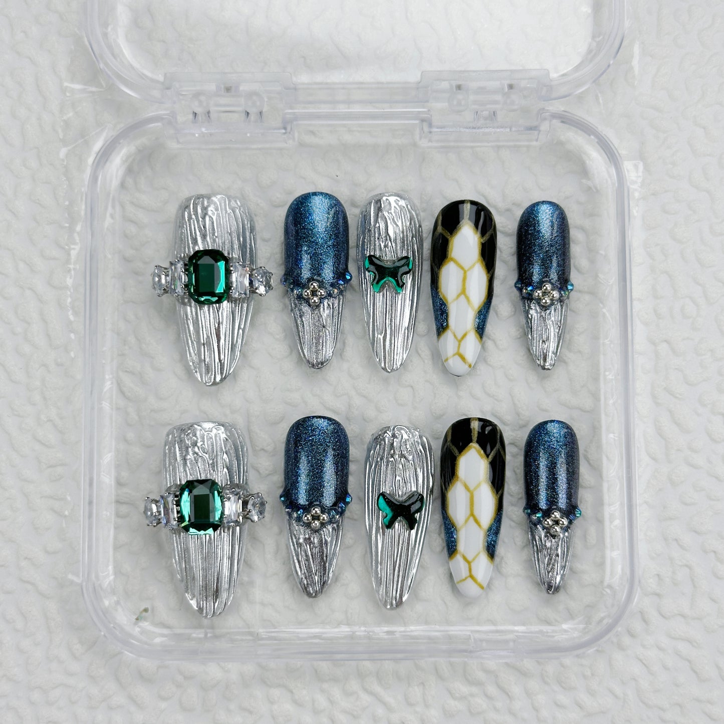 Cyber Serpent | Handmade Press-On Nails | Style No. G140| Metallic Silver Texture, Emerald Gemstone, Snake Print, Reusable Nail Set