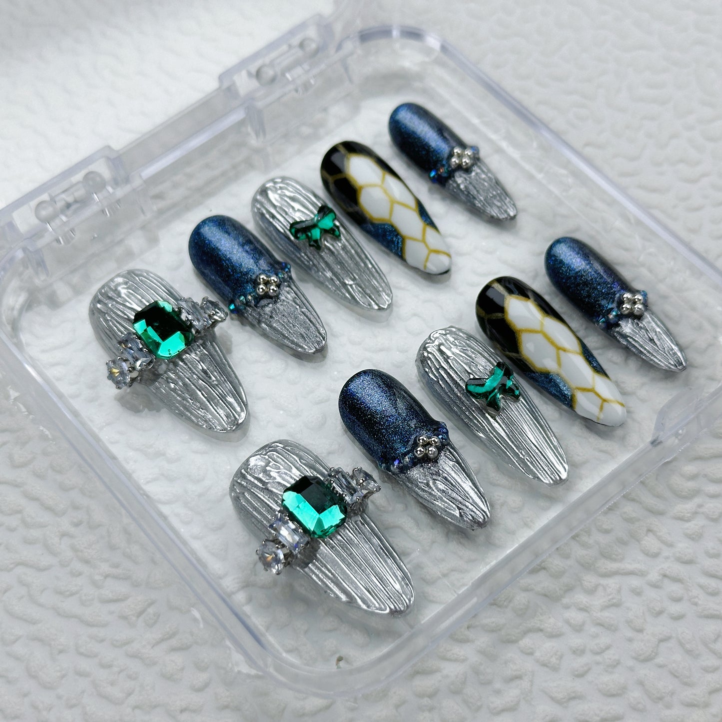 Cyber Serpent | Handmade Press-On Nails | Style No. G140| Metallic Silver Texture, Emerald Gemstone, Snake Print, Reusable Nail Set