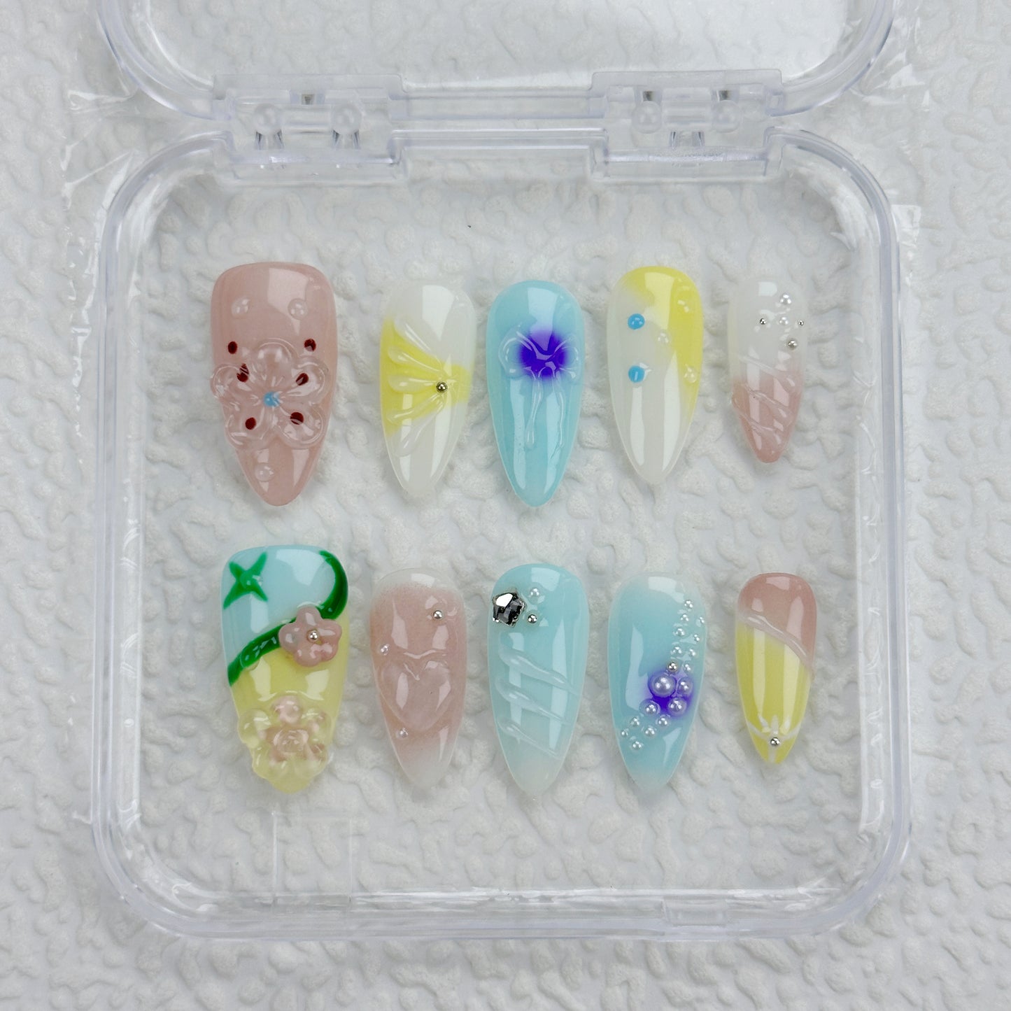 Pastel Picnic | Handmade Press-On Nails | Style No. G029 | Soft Color Block Design, 3D Floral & Crystal Accents, Reusable Spring Nail Set