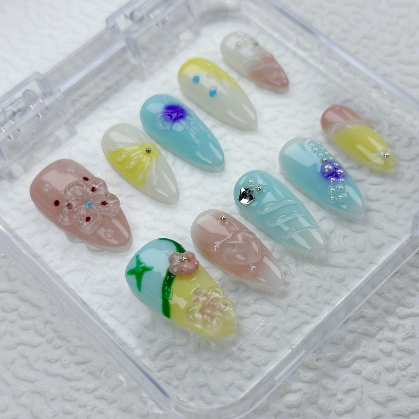 Pastel Picnic | Handmade Press-On Nails | Style No. G029 | Soft Color Block Design, 3D Floral & Crystal Accents, Reusable Spring Nail Set