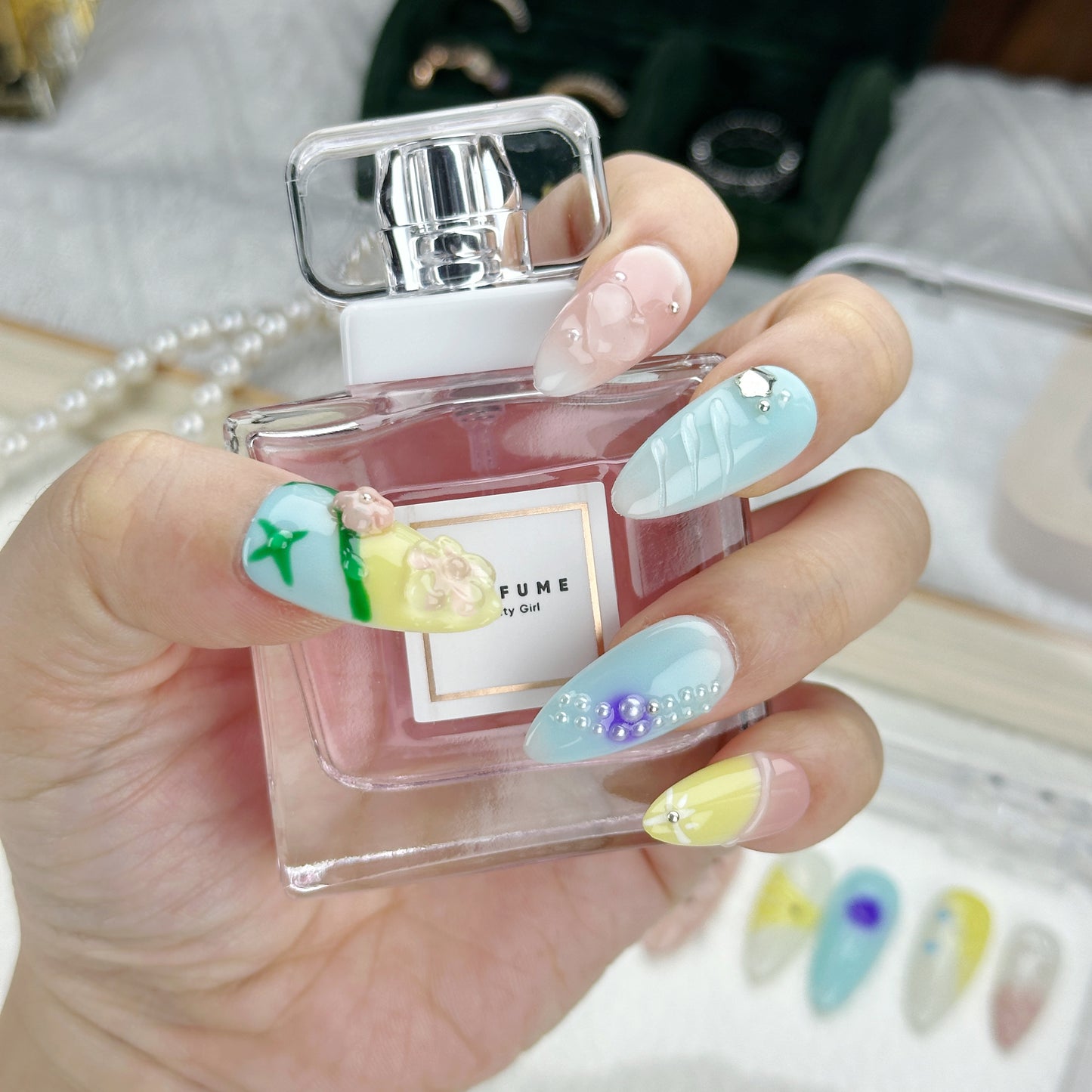 Pastel Picnic | Handmade Press-On Nails | Style No. G029 | Soft Color Block Design, 3D Floral & Crystal Accents, Reusable Spring Nail Set