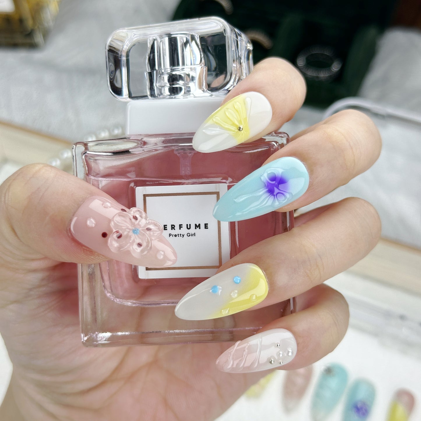 Pastel Picnic | Handmade Press-On Nails | Style No. G029 | Soft Color Block Design, 3D Floral & Crystal Accents, Reusable Spring Nail Set