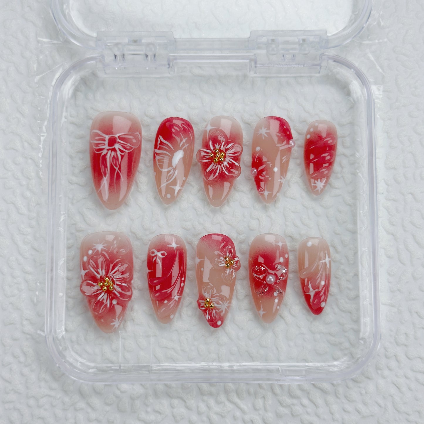 Ruby Bloom | Handmade Press-On Nails | Style No. H109| Red Gradient Base, Hand-Painted Floral & Bow Accents, Reusable Romantic Nail Set