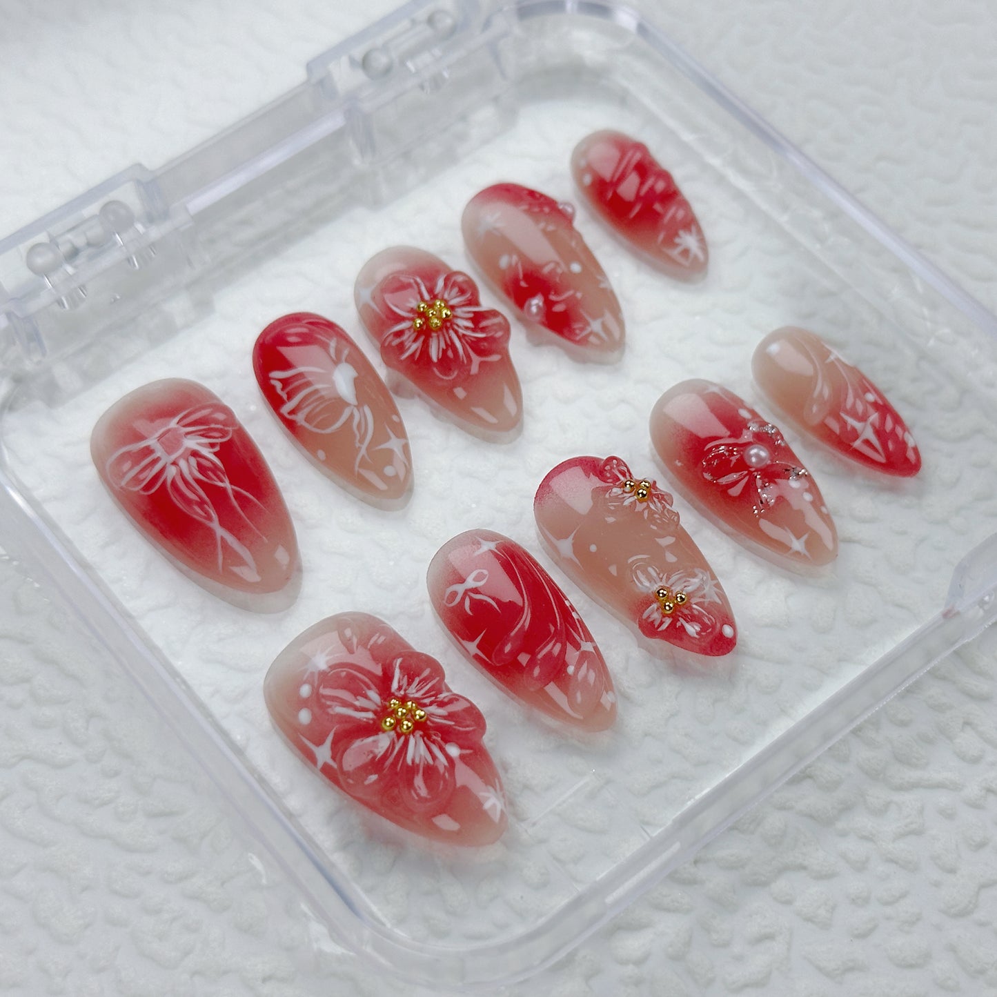 Ruby Bloom | Handmade Press-On Nails | Style No. H109| Red Gradient Base, Hand-Painted Floral & Bow Accents, Reusable Romantic Nail Set