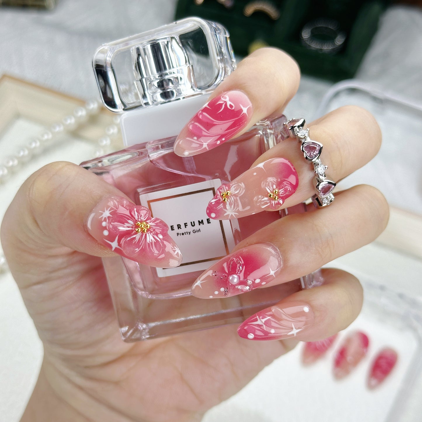 Ruby Bloom | Handmade Press-On Nails | Style No. H109| Red Gradient Base, Hand-Painted Floral & Bow Accents, Reusable Romantic Nail Set