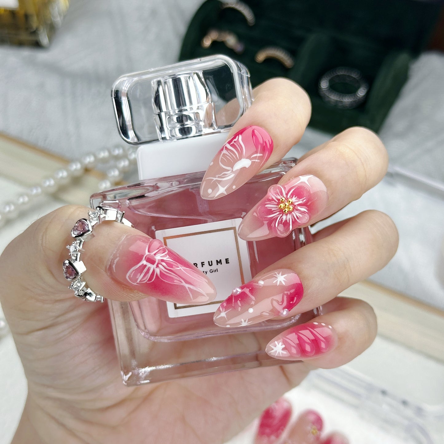 Ruby Bloom | Handmade Press-On Nails | Style No. H109| Red Gradient Base, Hand-Painted Floral & Bow Accents, Reusable Romantic Nail Set