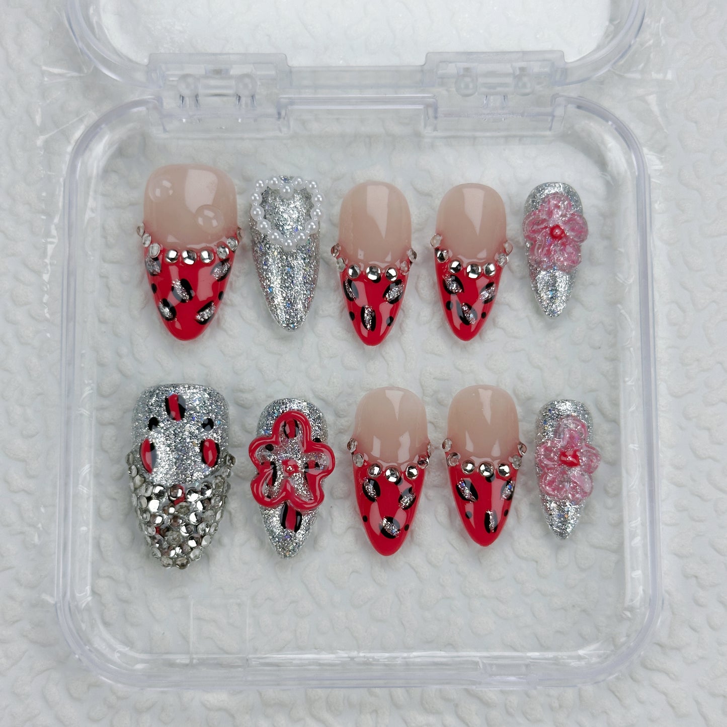 Fierce Spark | Handmade Press-On Nails | Style No. G018| Red Leopard Print, Silver Glitter & Gem Accents, Reusable Glam Nail Set