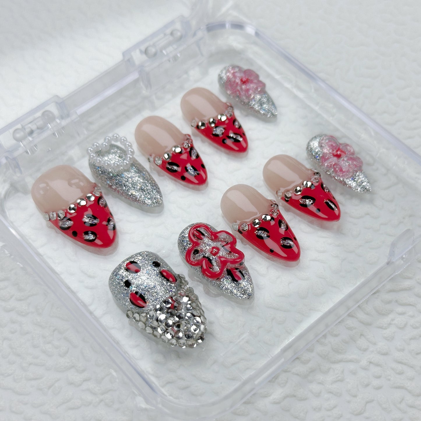 Fierce Spark | Handmade Press-On Nails | Style No. G018| Red Leopard Print, Silver Glitter & Gem Accents, Reusable Glam Nail Set