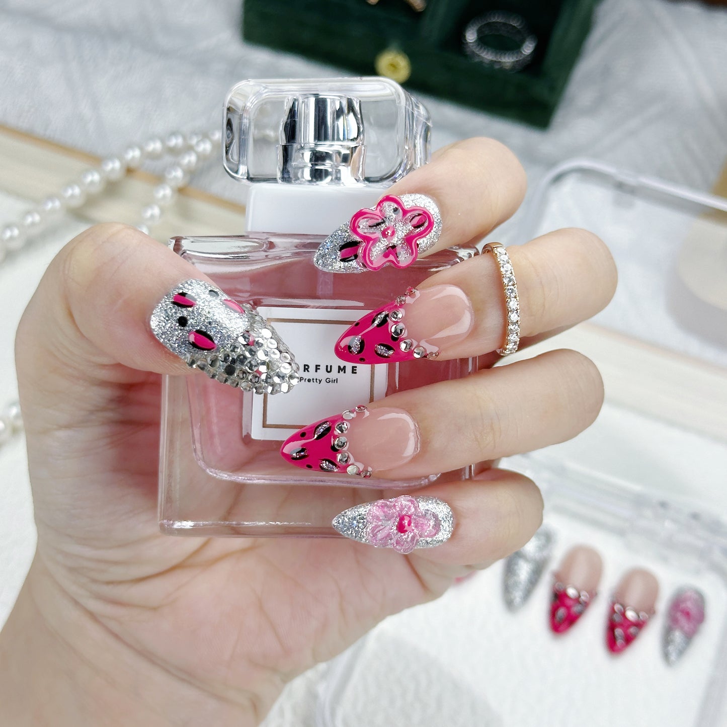 Fierce Spark | Handmade Press-On Nails | Style No. G018| Red Leopard Print, Silver Glitter & Gem Accents, Reusable Glam Nail Set