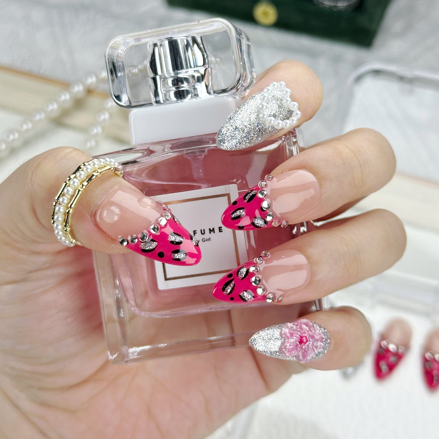 Fierce Spark | Handmade Press-On Nails | Style No. G018| Red Leopard Print, Silver Glitter & Gem Accents, Reusable Glam Nail Set