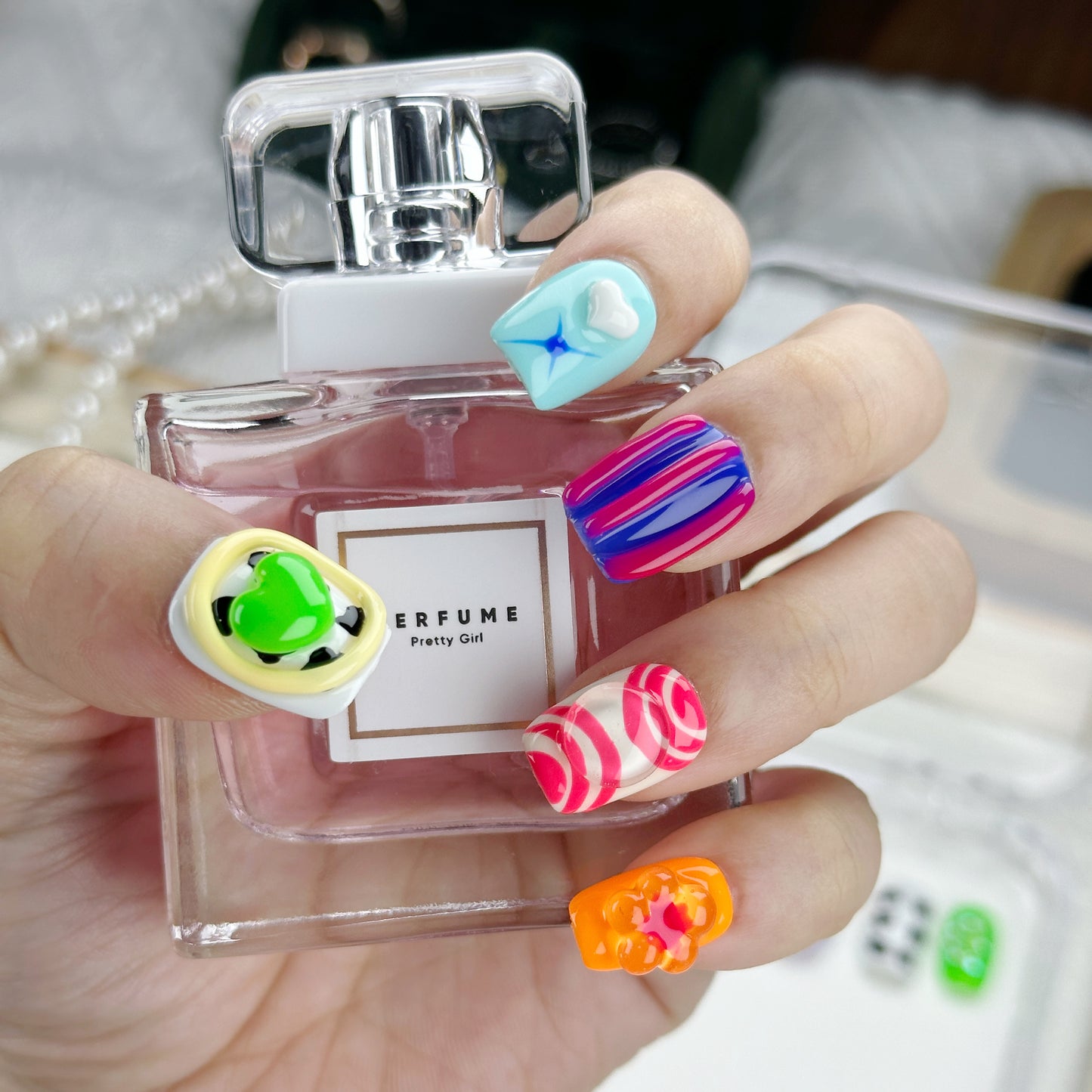 Candy Chaos | Handmade Press-On Nails | Style No. L033| Colorful 3D Y2K Icons, Kawaii Bold Design, Reusable Nail Set