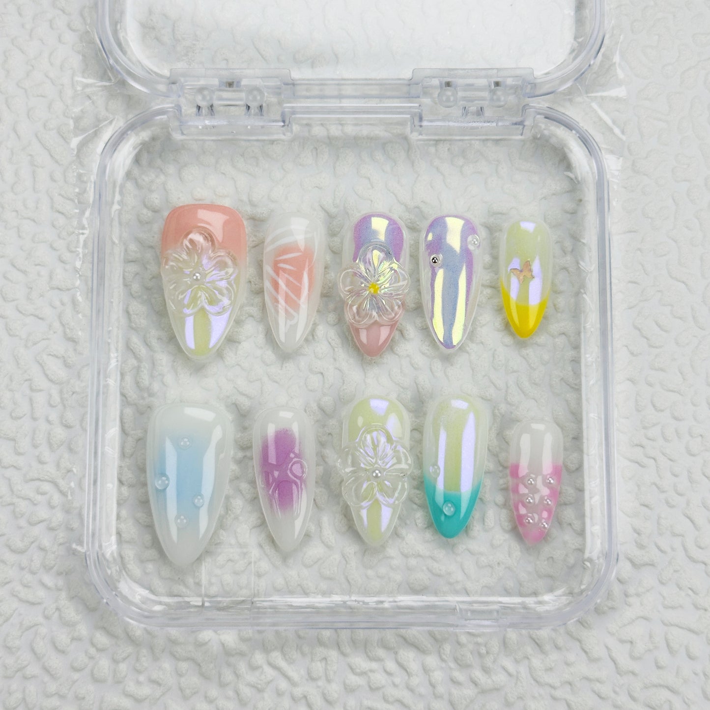 Iridescent Bloom | Handmade Press-On Nails | Style No. G028| Pastel Gradient, Chrome Shine & Floral Carving, Reusable Fairycore Nail Set