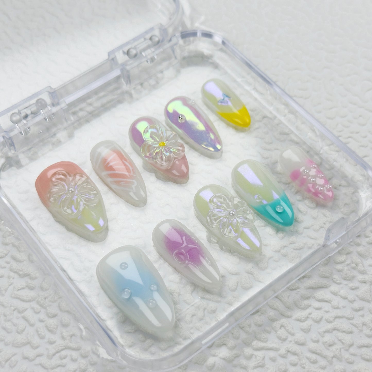Iridescent Bloom | Handmade Press-On Nails | Style No. G028| Pastel Gradient, Chrome Shine & Floral Carving, Reusable Fairycore Nail Set