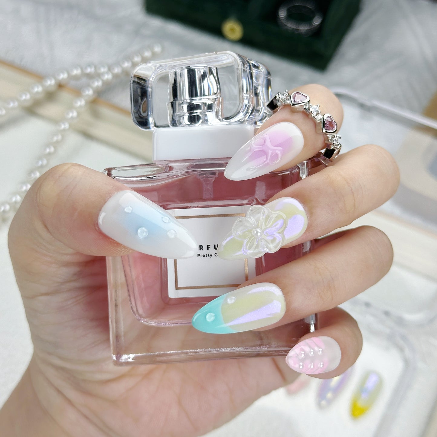 Iridescent Bloom | Handmade Press-On Nails | Style No. G028| Pastel Gradient, Chrome Shine & Floral Carving, Reusable Fairycore Nail Set