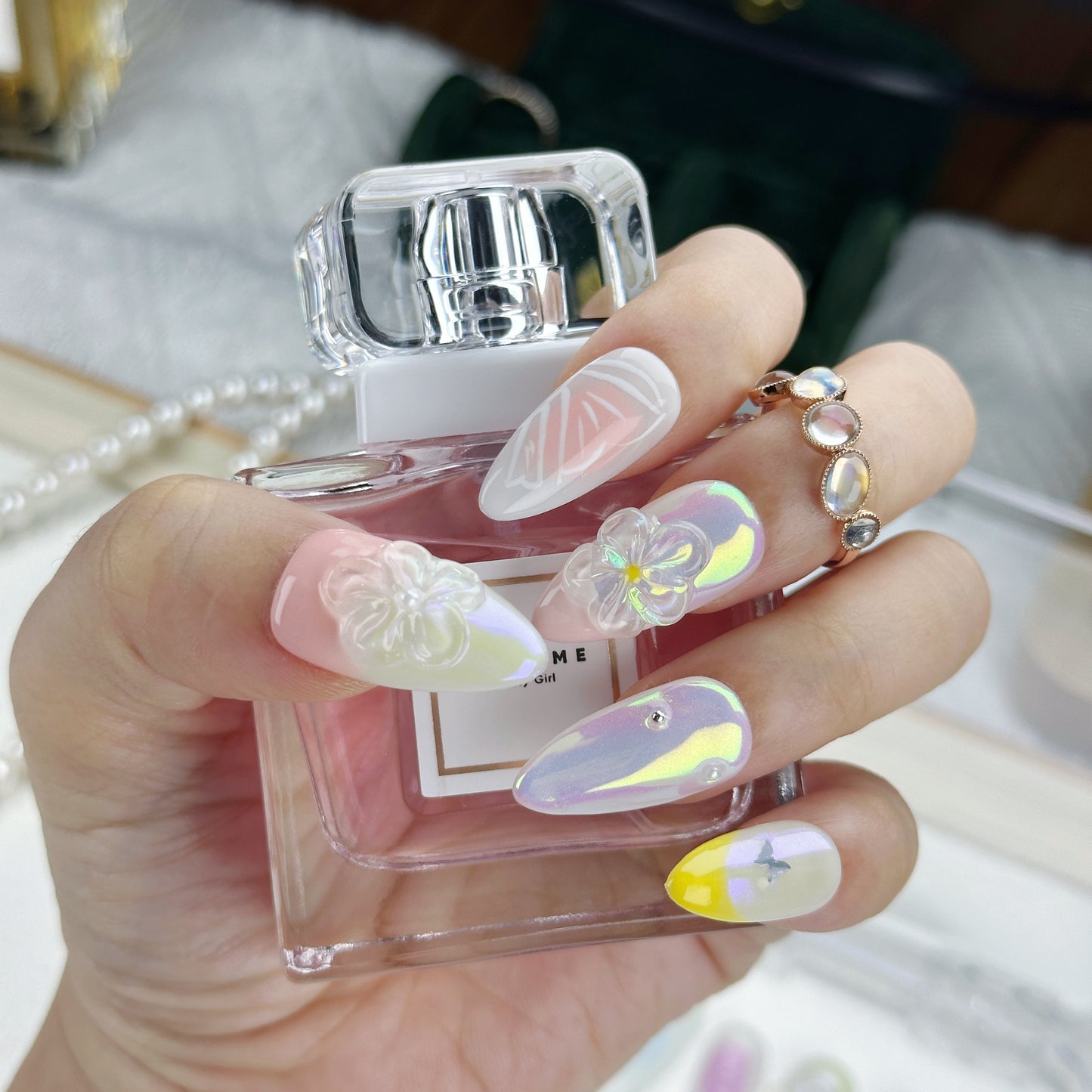 Iridescent Bloom | Handmade Press-On Nails | Style No. G028| Pastel Gradient, Chrome Shine & Floral Carving, Reusable Fairycore Nail Set