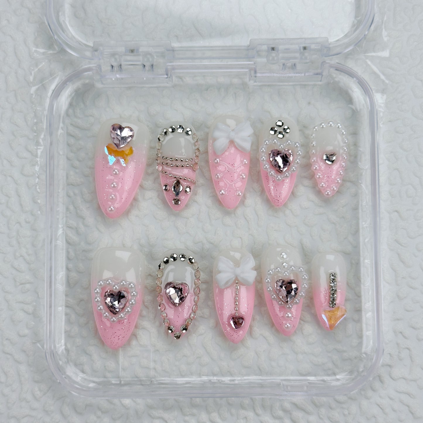 Princess Crush | Handmade Press-On Nails | Style No. G002| Baby Pink Glitter, 3D Bows & Heart Gems, Reusable Kawaii Nail Set