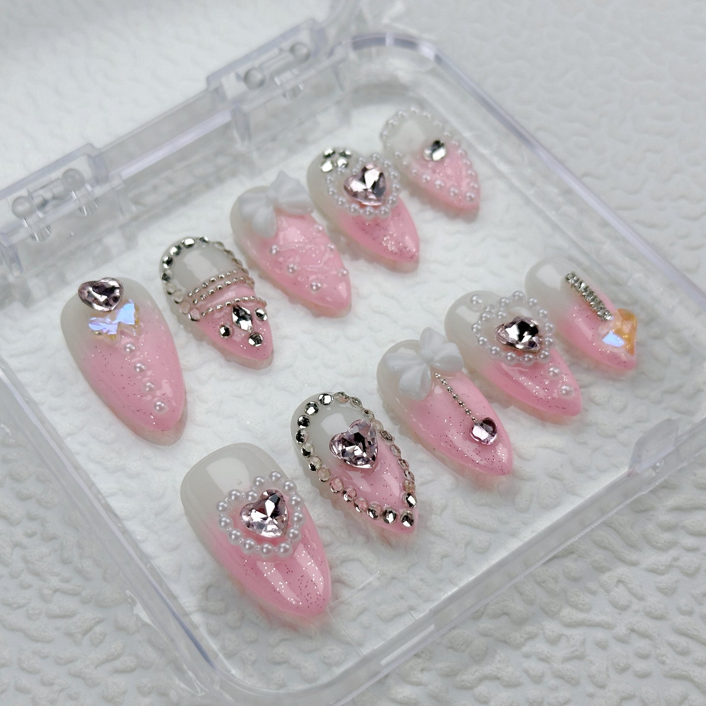 Princess Crush | Handmade Press-On Nails | Style No. G002| Baby Pink Glitter, 3D Bows & Heart Gems, Reusable Kawaii Nail Set
