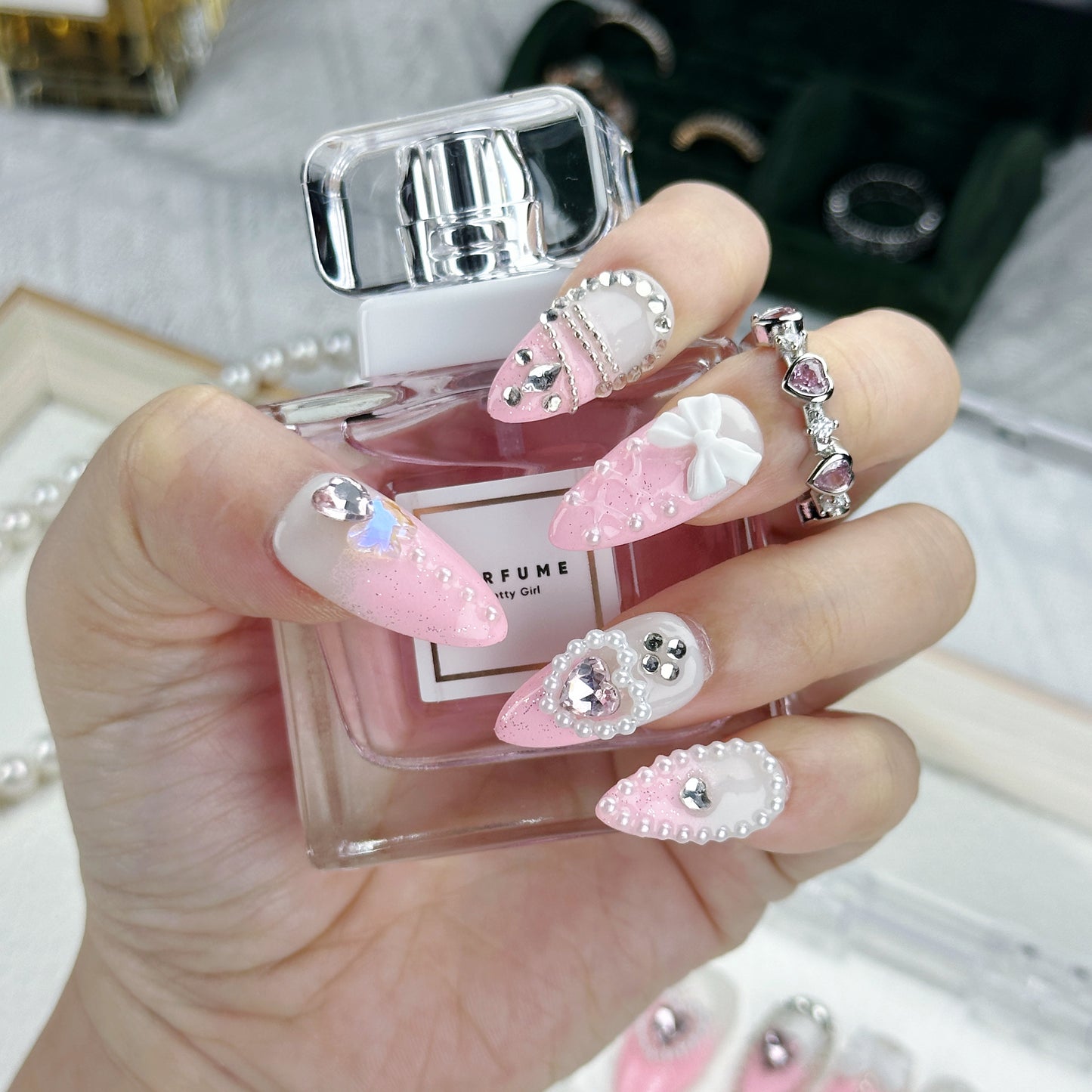 Princess Crush | Handmade Press-On Nails | Style No. G002| Baby Pink Glitter, 3D Bows & Heart Gems, Reusable Kawaii Nail Set