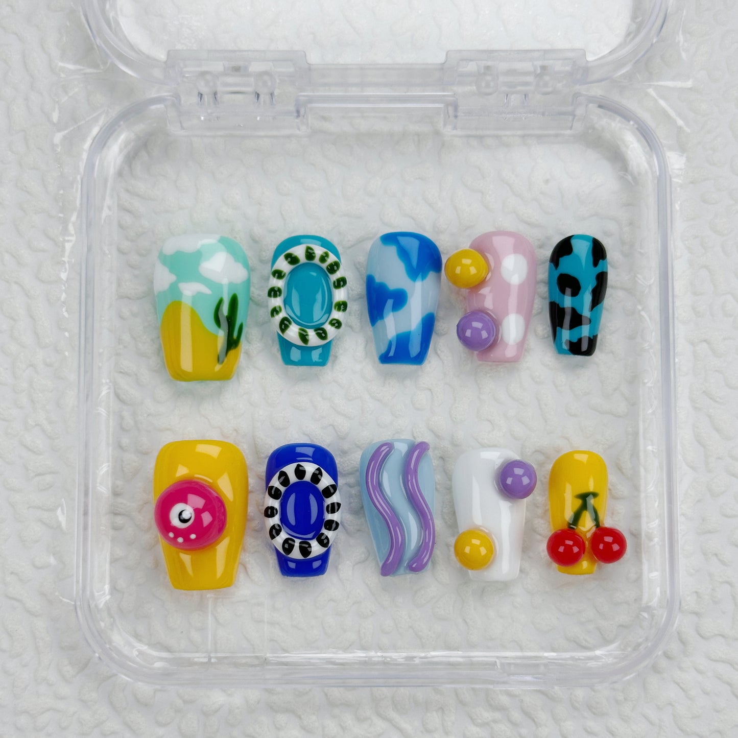 Candyland Dreams | Handmade Press-On Nails | Style No. L025| Colorful Abstract Icons, 3D Cartoon Charms, Reusable Artistic Nail Set