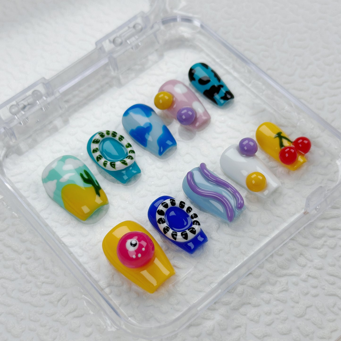 Candyland Dreams | Handmade Press-On Nails | Style No. L025| Colorful Abstract Icons, 3D Cartoon Charms, Reusable Artistic Nail Set