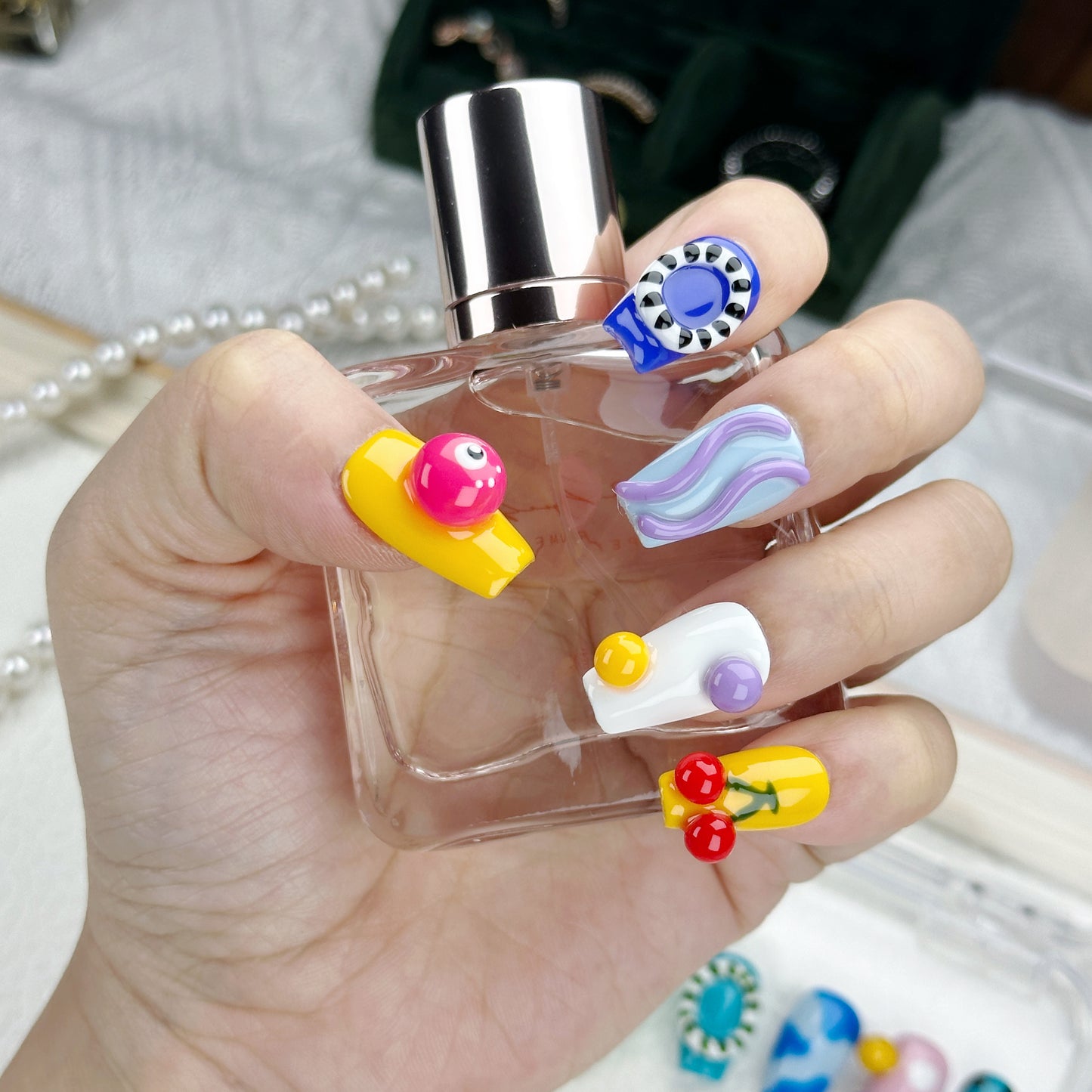 Candyland Dreams | Handmade Press-On Nails | Style No. L025| Colorful Abstract Icons, 3D Cartoon Charms, Reusable Artistic Nail Set