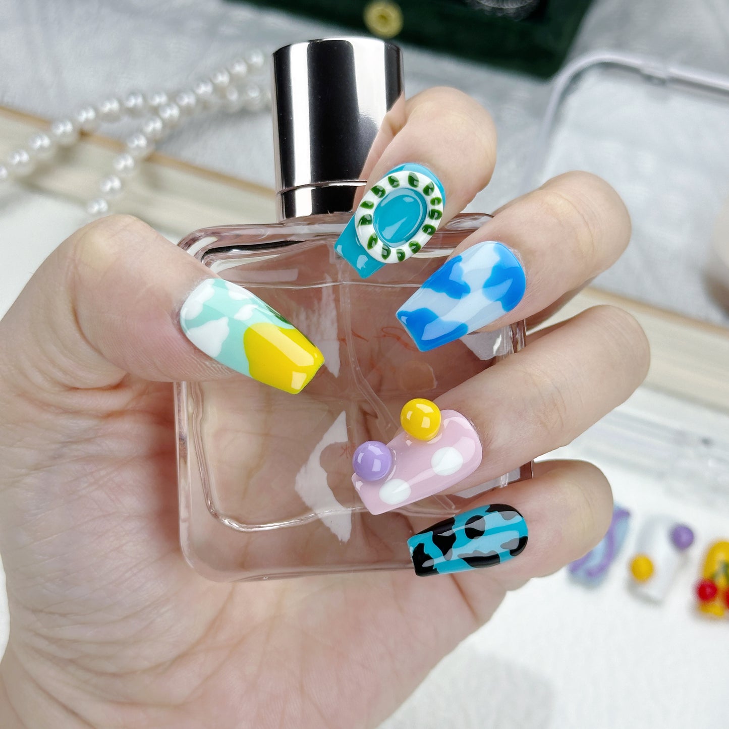 Candyland Dreams | Handmade Press-On Nails | Style No. L025| Colorful Abstract Icons, 3D Cartoon Charms, Reusable Artistic Nail Set