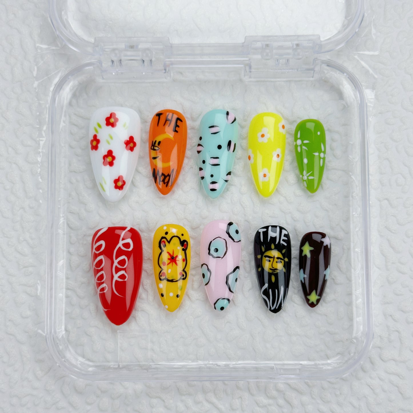 Doodle Mood | Handmade Press-On Nails | Style No. G014| Hand-Painted Art, Cartoon Patterns & Bright Colors, Reusable Nail Set