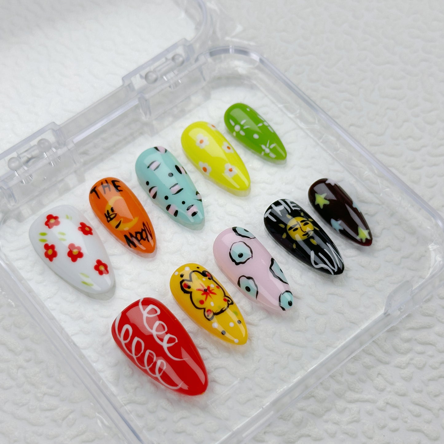 Doodle Mood | Handmade Press-On Nails | Style No. G014| Hand-Painted Art, Cartoon Patterns & Bright Colors, Reusable Nail Set