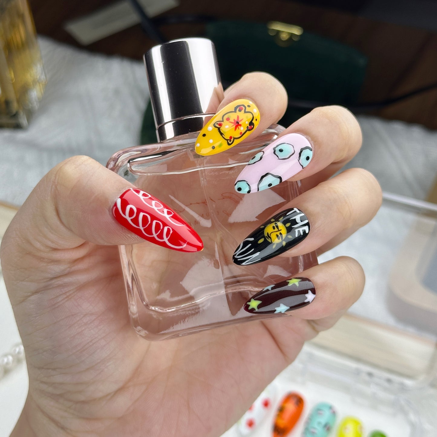 Doodle Mood | Handmade Press-On Nails | Style No. G014| Hand-Painted Art, Cartoon Patterns & Bright Colors, Reusable Nail Set