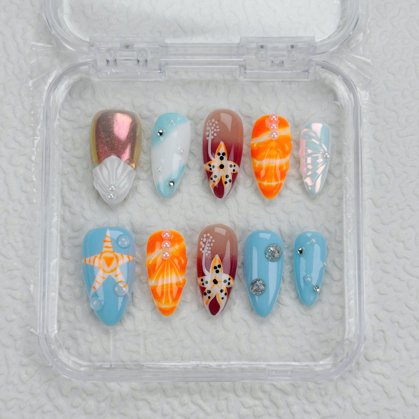 * Seaside Story | Handmade Press-On Nails | Style No. G001| Starfish & Seashell Design, Ocean Blue & Sunset Orange, Reusable Beach-Inspired Nail Set