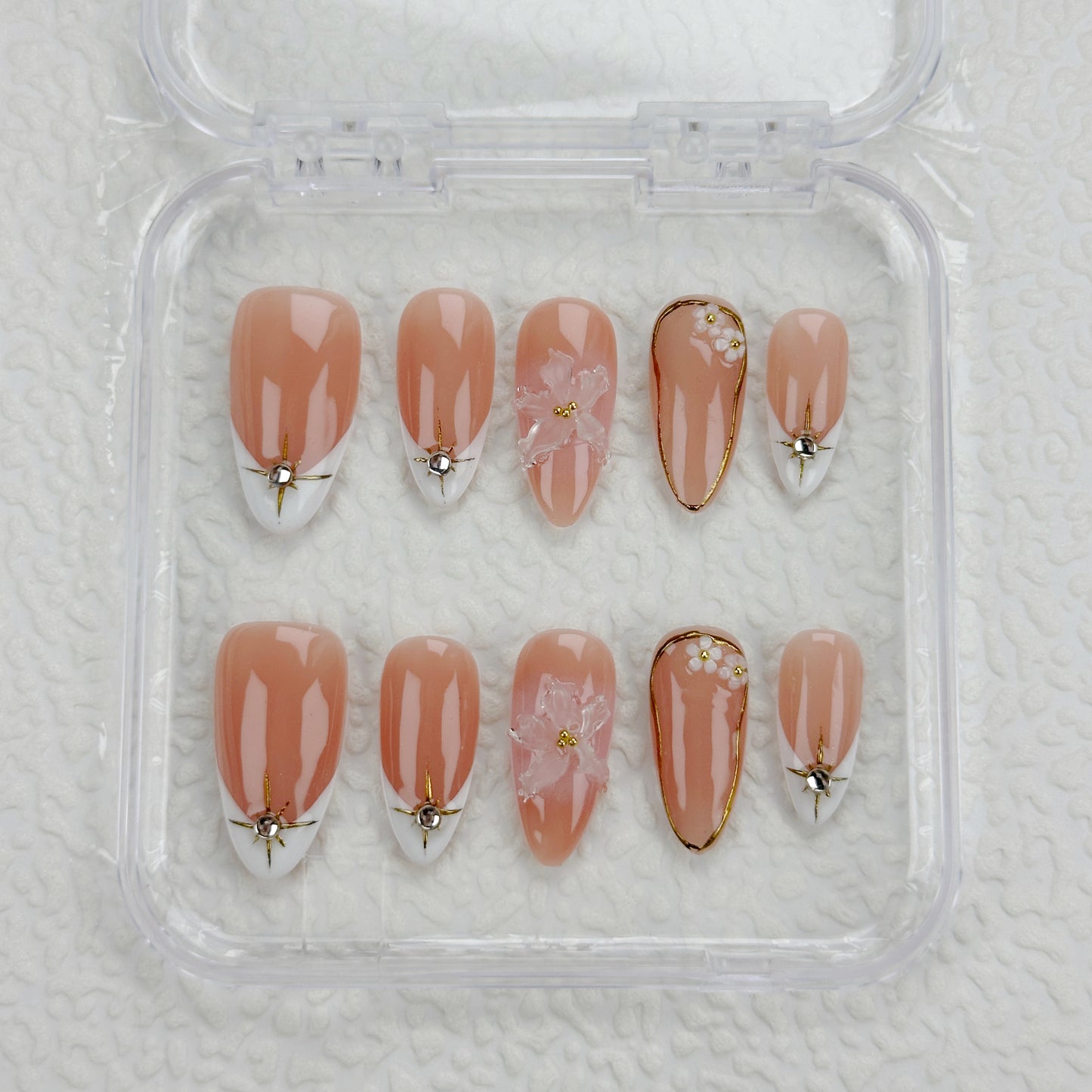 Apricot Grace | Handmade Press-On Nails | Style No. P010| Nude Apricot Base, Silver French Tips & Floral Accents, Reusable Elegant Nail Set