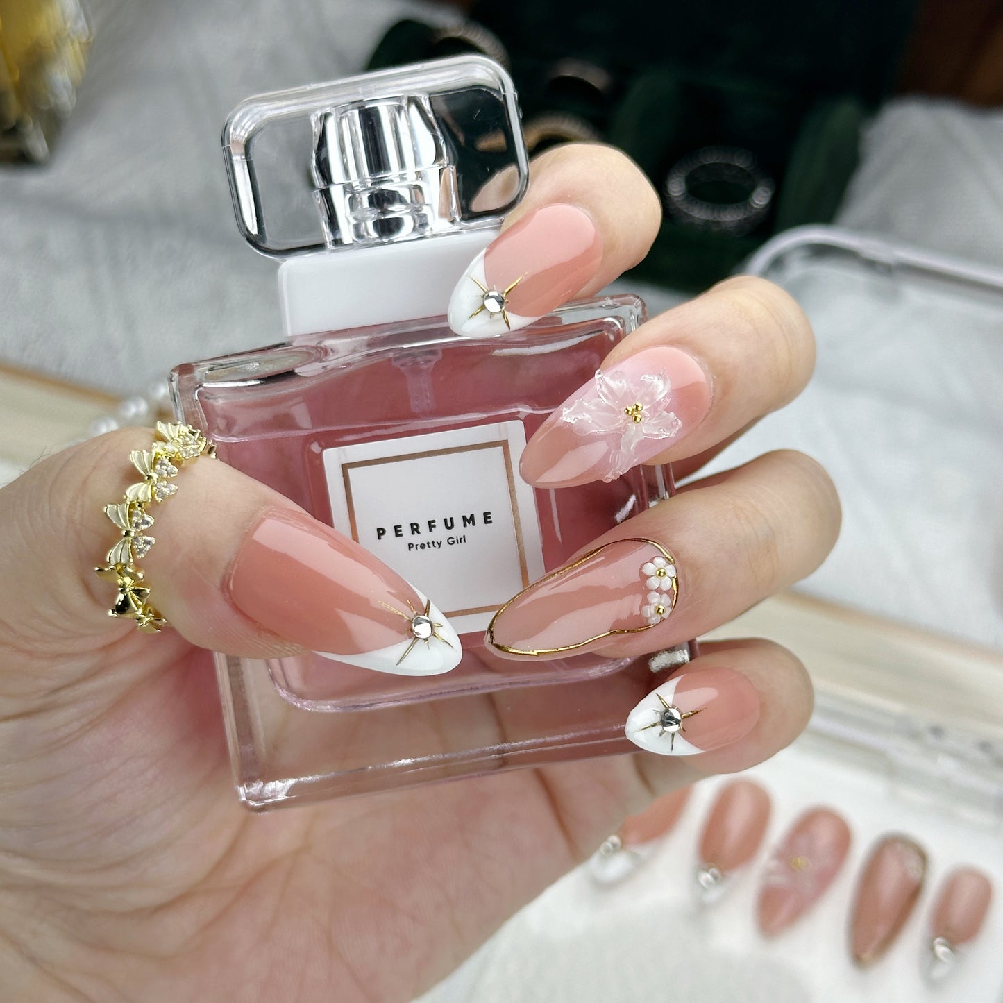 Apricot Grace | Handmade Press-On Nails | Style No. P010| Nude Apricot Base, Silver French Tips & Floral Accents, Reusable Elegant Nail Set