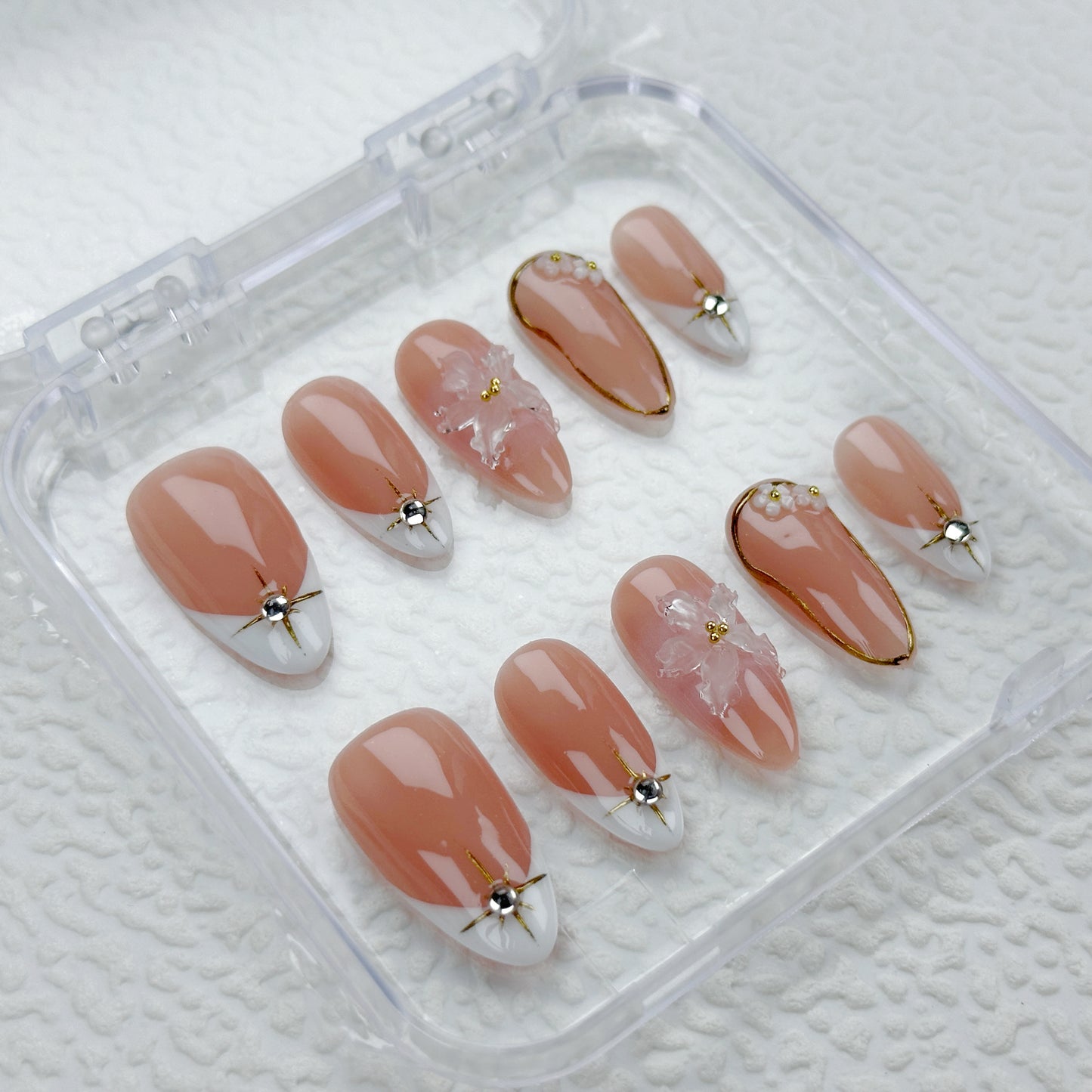 Apricot Grace | Handmade Press-On Nails | Style No. P010| Nude Apricot Base, Silver French Tips & Floral Accents, Reusable Elegant Nail Set