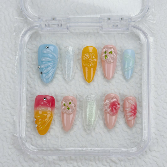 * Pastel Breeze | Handmade Press-On Nails | Style No. G030| Shell Texture, 3D Floral & Gradient Design, Reusable Spring Nail Set