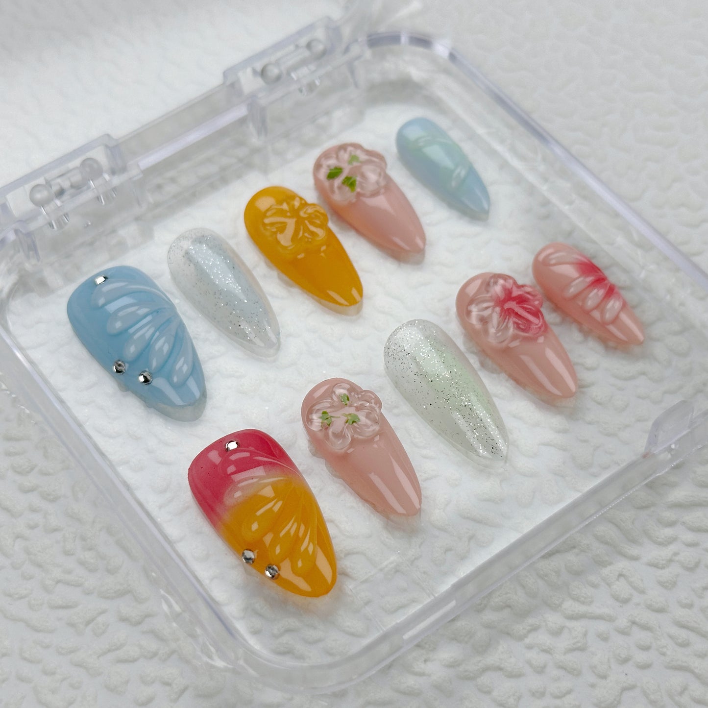 * Pastel Breeze | Handmade Press-On Nails | Style No. G030| Shell Texture, 3D Floral & Gradient Design, Reusable Spring Nail Set